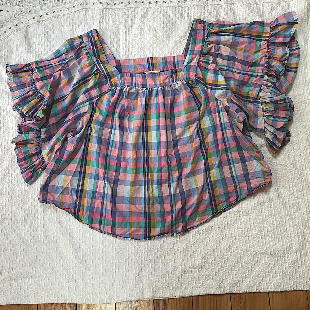 TeraSky Beautiful Cotton Top🌸 Purple Checkered Frill Sleeve 💛 So Cute 3X 24-26